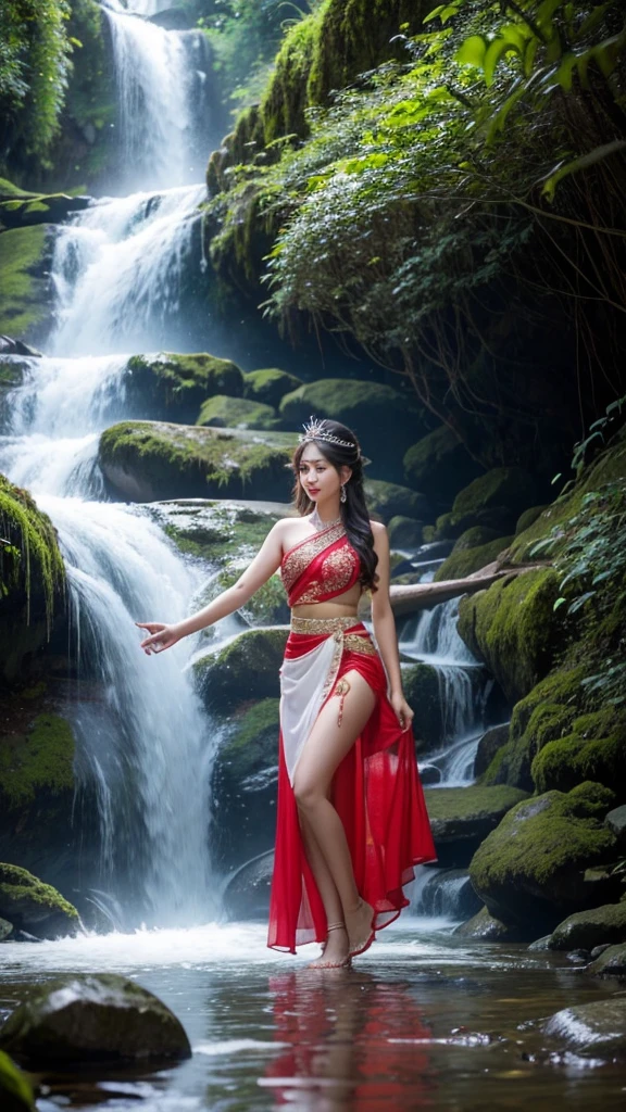 Thai beauties are dancing in red and white Thai dresses with beautiful flowing chiffon skirt patterns. Wearing a crown of diamonds, arms, wrists, and ankles, the backdrop is a waterfall along a high mountain stream, soft light.