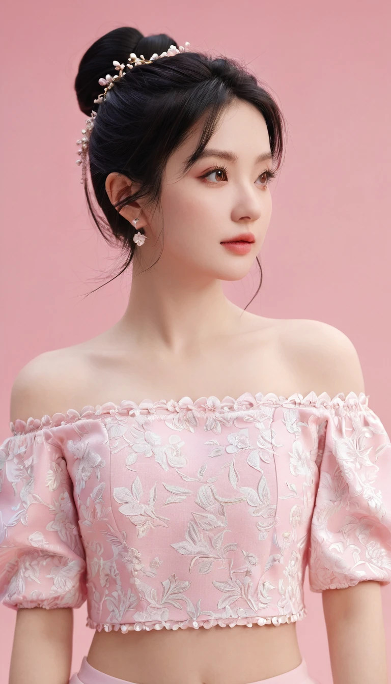 ((Extremely detailed)),(Extremely detailed), Extremely detailed CG unity 8k wallpaper,best quality, masterpiece, emilie_Q8, Off-shoulder,  Pink cropped top,