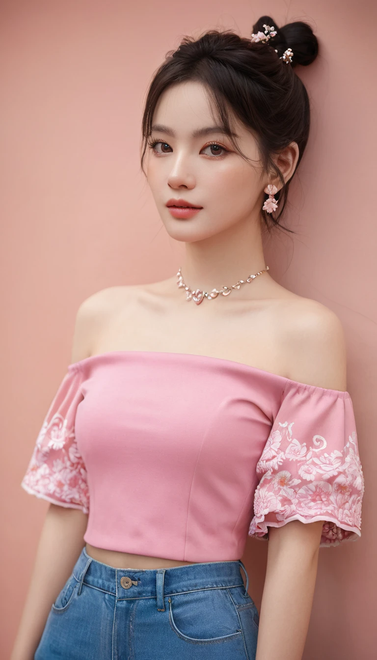 ((Extremely detailed)),(Extremely detailed), Extremely detailed CG unity 8k wallpaper,best quality, masterpiece, emilie_Q8, Off-shoulder,  Pink cropped top,