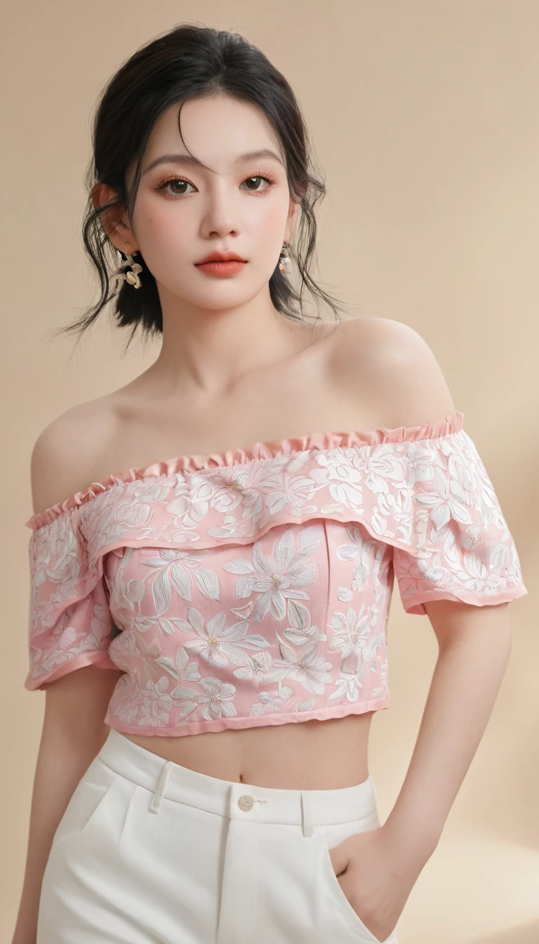 ((Extremely detailed)),(Extremely detailed), Extremely detailed CG unity 8k wallpaper,best quality, masterpiece, emilie_Q8, Off-shoulder,  Pink cropped top,