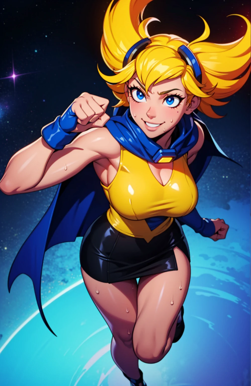 Digital painting of a woman with royal blue and yellow hair, super hero, muscle girl, pose, fist up, ((from above)), 1knee up, Behance Contest Winner, Afrofuturism, Synthwave, neon, glowing neon, sagging massive breasts, mini skirt, cape, sweat, glossy silky skin, smile, in space,
