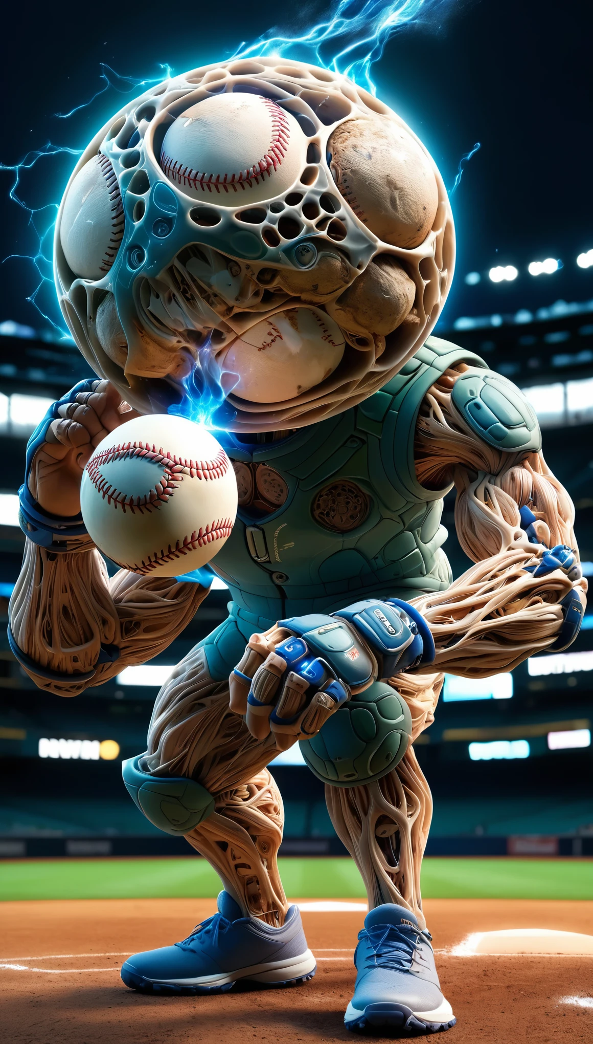 a cybernetically enhanced baseball player made of dvr-cl-dvsn with iron legs and massive arms pitches a ball towards the camera, dramatic lighting
