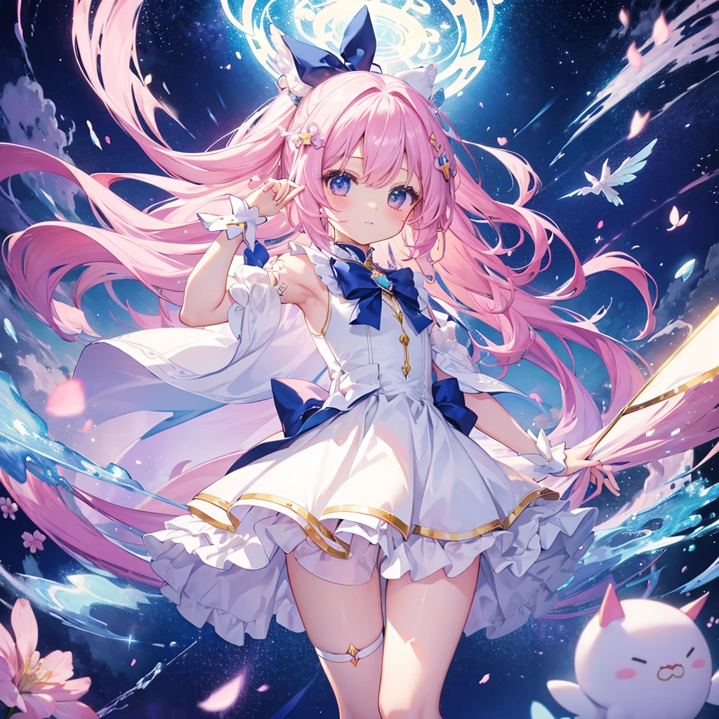 beautiful illustration、top-quality、cute petit girl、(transform sequence)、magical 、chibi、white magical girl、Fractal Art、Trompe-l'oeil、optical illusion、optical illusion、Appears to jump off the screen、Swimming underwater、