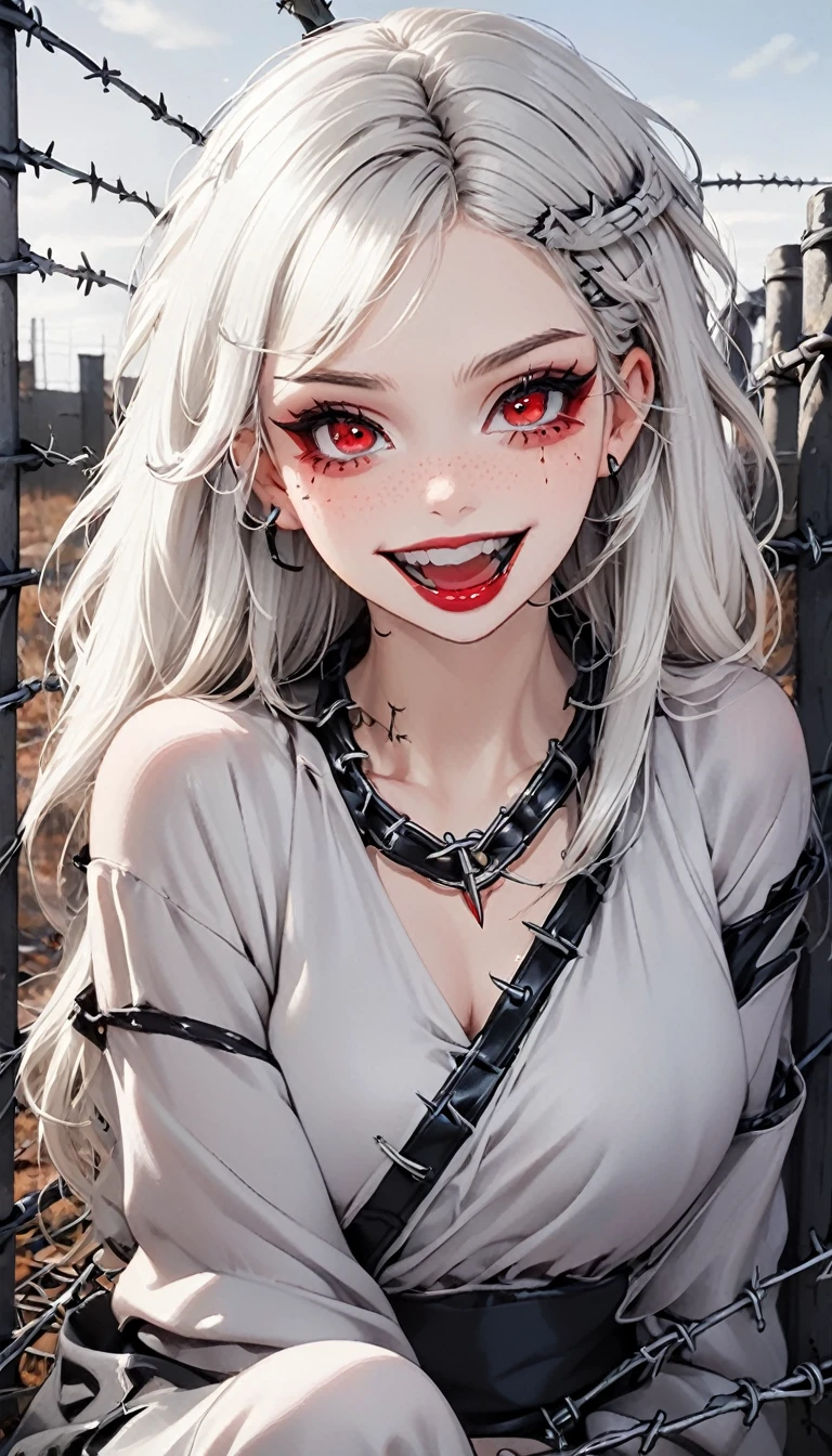 Beautiful white-haired girl with piercing red eyes, Open your lips wide and smile, Black nails, Barbed wire everywhere(Wrapped in black barbed wire)