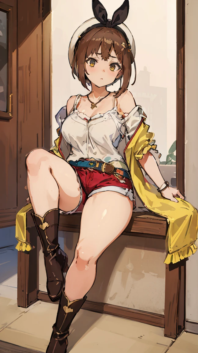 (Highest quality, 8K, masterpiece :1.3),Lizaリン・シュタウト(Lizaのアトリエ),Liza, One woman,Large Breasts,short hair,Brown Hair,hair band,Clothing,hat,White shirt,White camisole,Red shorts,Brown long boots,Full Nelson,Leg spread,nsfw,Plump body,Thighs