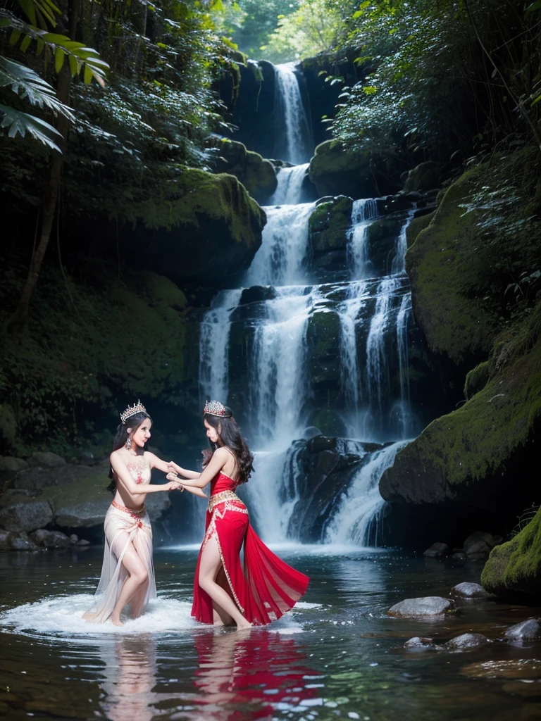 Thai beauties are dancing in red and white Thai dresses with beautiful flowing chiffon skirt patterns. Wearing a crown of diamonds, arms, wrists, and ankles, the backdrop is a waterfall along a high mountain stream, soft light.