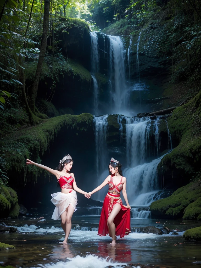 Thai beauties are dancing in red and white Thai dresses with beautiful flowing chiffon skirt patterns. Wearing a crown of diamonds, arms, wrists, and ankles, the backdrop is a waterfall along a high mountain stream, soft light.