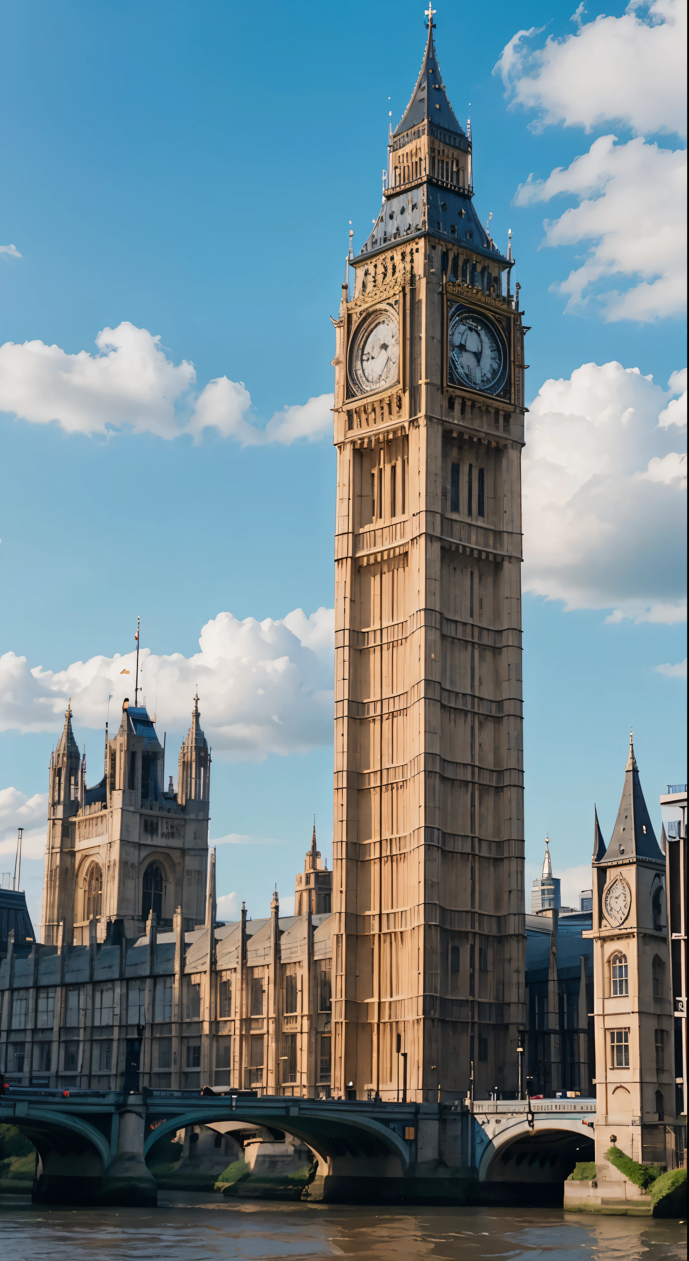 In the heart of London，By the river where you can see Big Ben　There are no people under the blue sky