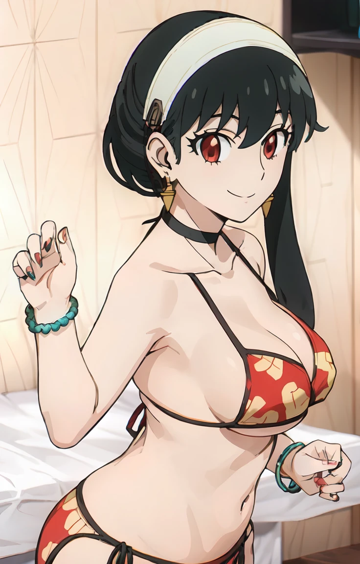 score_9, score_8_up, score_7_up, source_anime,, looking at viewer, eyes smile ,  big breasts , wide hips , cowboy pose, milf body, 1girl, yorbriar, yor briar, black hair, (red eyes:1.5), earrings, (((white hairband))), hairband,  ,short hair ,  long locks , kitagawa_bikini , bedroom , (wearing a micro bikini with print:1.2)), yellow print , black bikini (marinbikiniv1), (print bikini:1.2), (piercing), (side-tie bikini bottom:1.2), (earrings), (collarbone), (cleavage:1.2), (black choker), (bead bracelet)