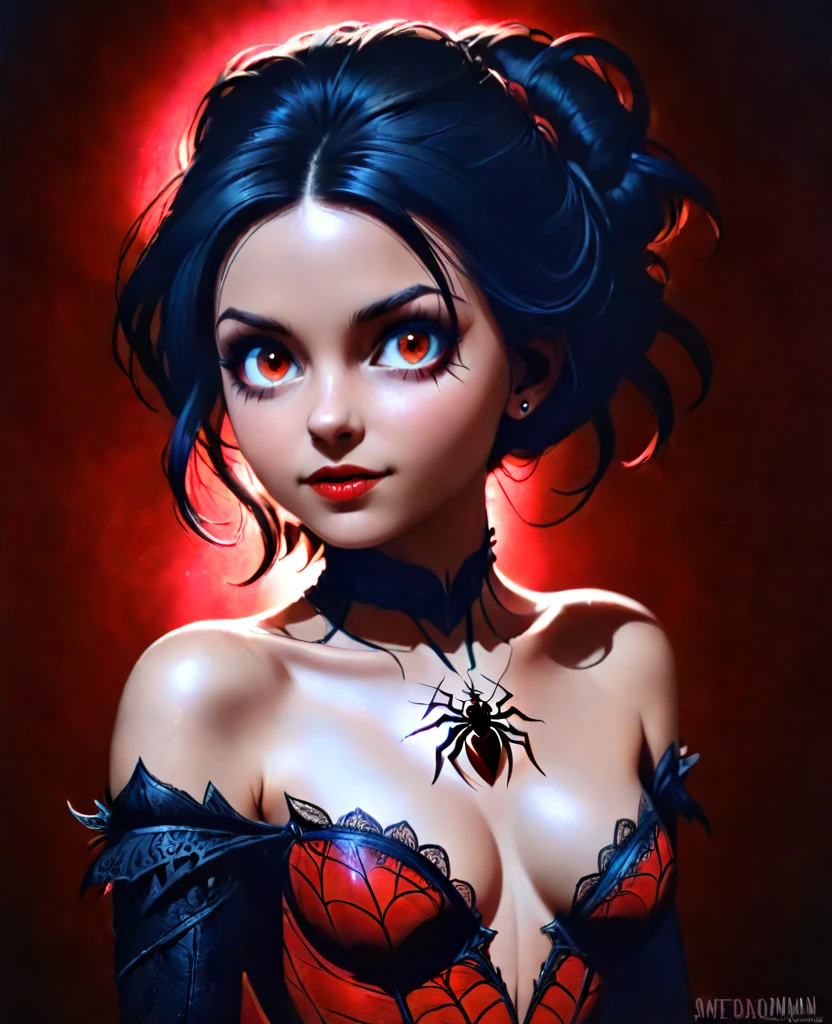 (Realistic:1.5), (((editorial photography))), (((extremely detailed))), ((masterpiece)), (gorgeous gothic woman in black red spider's web), dramatic lighting, (cinematic light:1.1), full body, (cute sexy:0.8), (cute face:1.2), Pleasure, faded colours, depth of field, 35 mm, analog photo style, gothic background, red splash particles with small luminism, spiders around, sunset, red dawn, dark atmosphere, medieval, intricate hair, inricate small details, (pale skin), hair ornament, long black hair, (fantasy world), (textured skin:1.4)