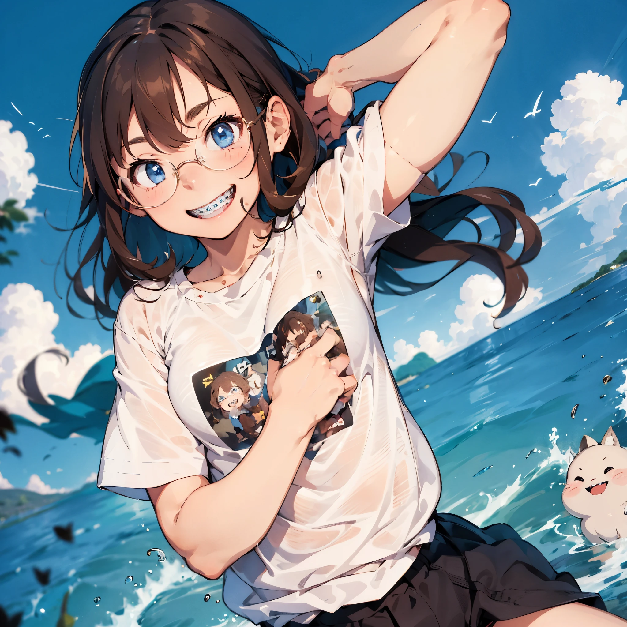 1girl, seductive eyes, braces, glasses, smiling, cute, blue eyes, blush, brown hair, wearing oversized t-shirt, wearing cotton panties, big smile, best quality, masterpiece, highres