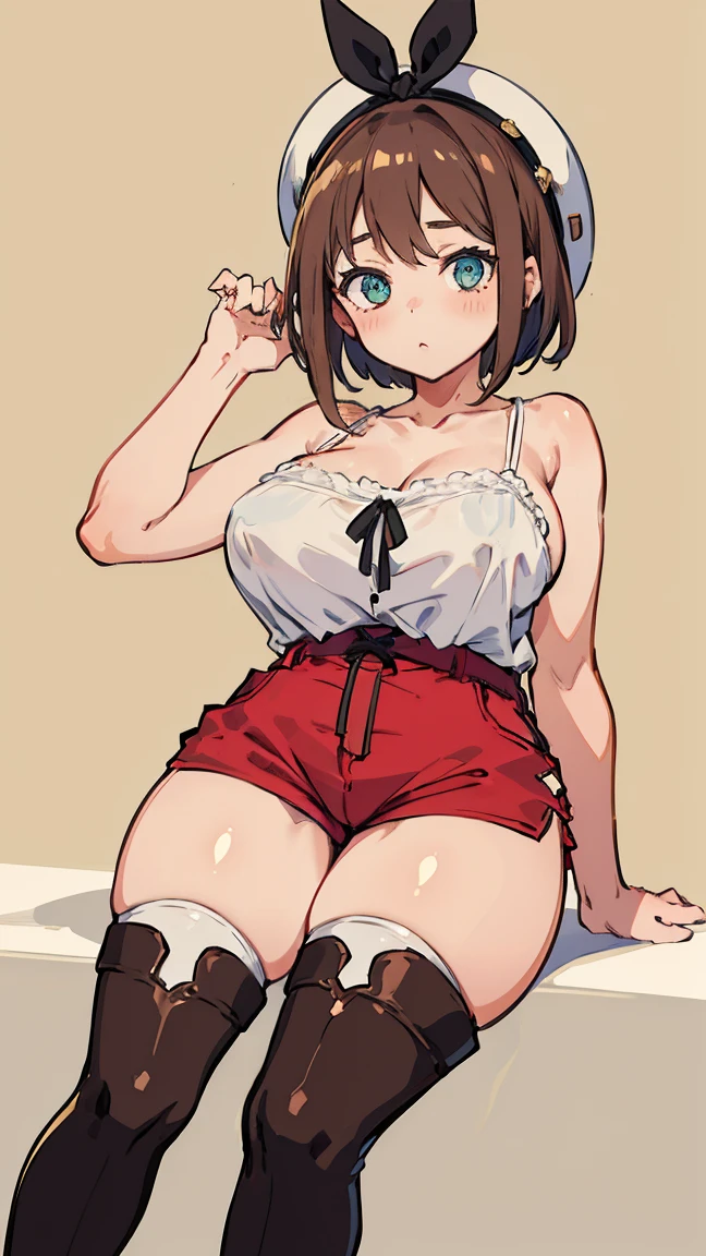 (Highest quality, 8K, masterpiece :1.3),Lizaリン・シュタウト(Lizaのアトリエ),Liza, One woman,Large Breasts,short hair,Brown Hair,hair band,Clothing,hat,White shirt,White camisole,Red shorts,Brown long boots,Full Nelson,Leg spread,nsfw,Plump body,Thighs