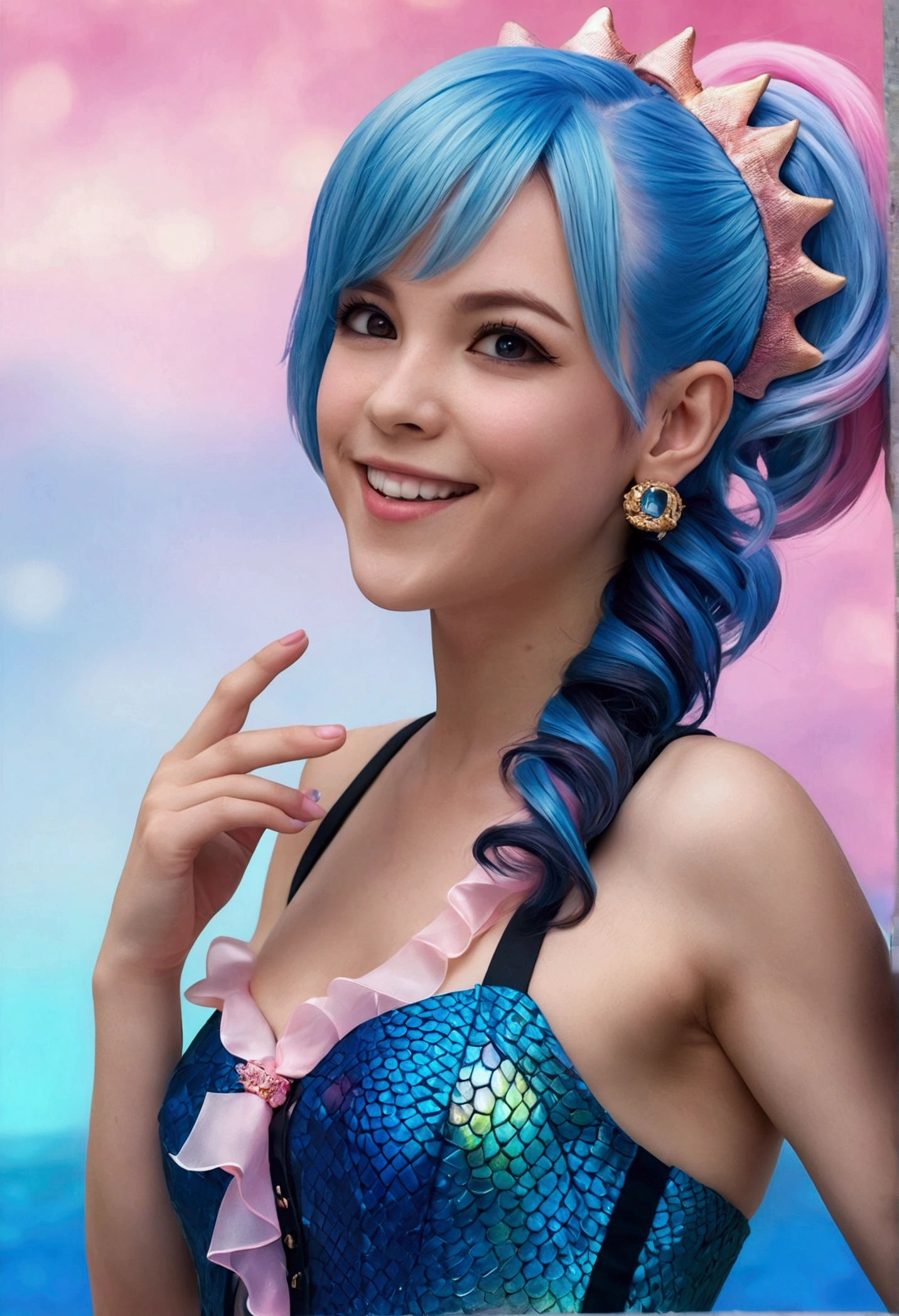 CorruptA, professional image of a cute young woman, (frilly elegant glossy dark holographic dress, crescent brooch, crescent earrings, crescent accessories:1.2),
(blue water dragon horns, blue water dragon tail:1.3), (short hair, side ponytail, hair above cheeks, light blue hair with light pink hairtips, gradient hair, multicolored hair:1.4), red eyes, (small breasts, cute face, pointy ears:1.1), (evil laugh, evil eyes, snake eyes, Corrupt_Girl, corruption, dark_persona:1.2), (sparkles, sparkling clothes, sparkles near eyes:1.3),
(intricate aquatic background, underwater, sparkling water, ocean floor, corral reef, bubbles:1.2), 
(ultra wide angle shot, cinematic style, absurdres, incredibly absurdres, huge filesize, extremely detailed, High quality texture, physically-based rendering, Ray tracing, octane render, sharp focus, (8k), (4k), (Masterpiece), (Best Quality), extremely detailed, intricate, hyper detailed, illustration, soft lighting, high resolution, sharp detail,)，masterpiece，cute