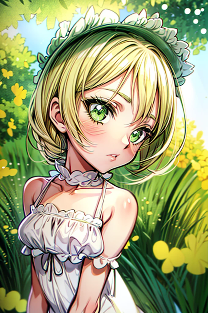 An anime girl, green eyes, blond medium leight hair, posing for camera, standing in a field of flovers, in white summer dress with dots