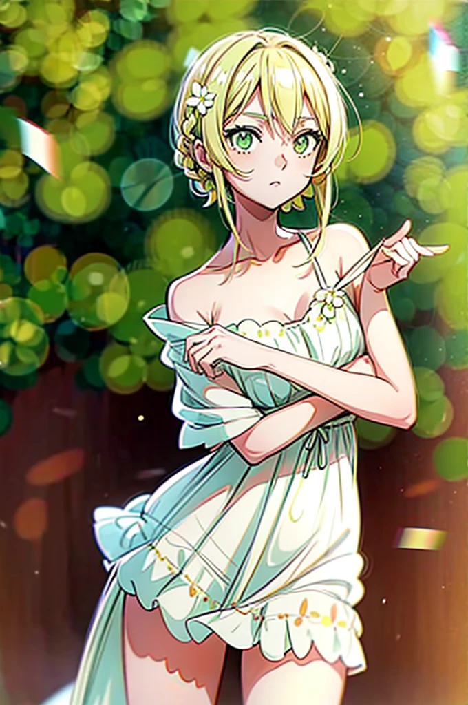 An anime girl, green eyes, blond medium leight hair, posing for camera, standing in a field of flovers, in white summer dress with dots