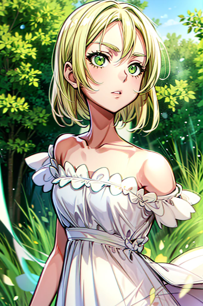 An anime girl, green eyes, blond medium leight hair, posing for camera, standing in a field of flovers, in white summer dress with dots