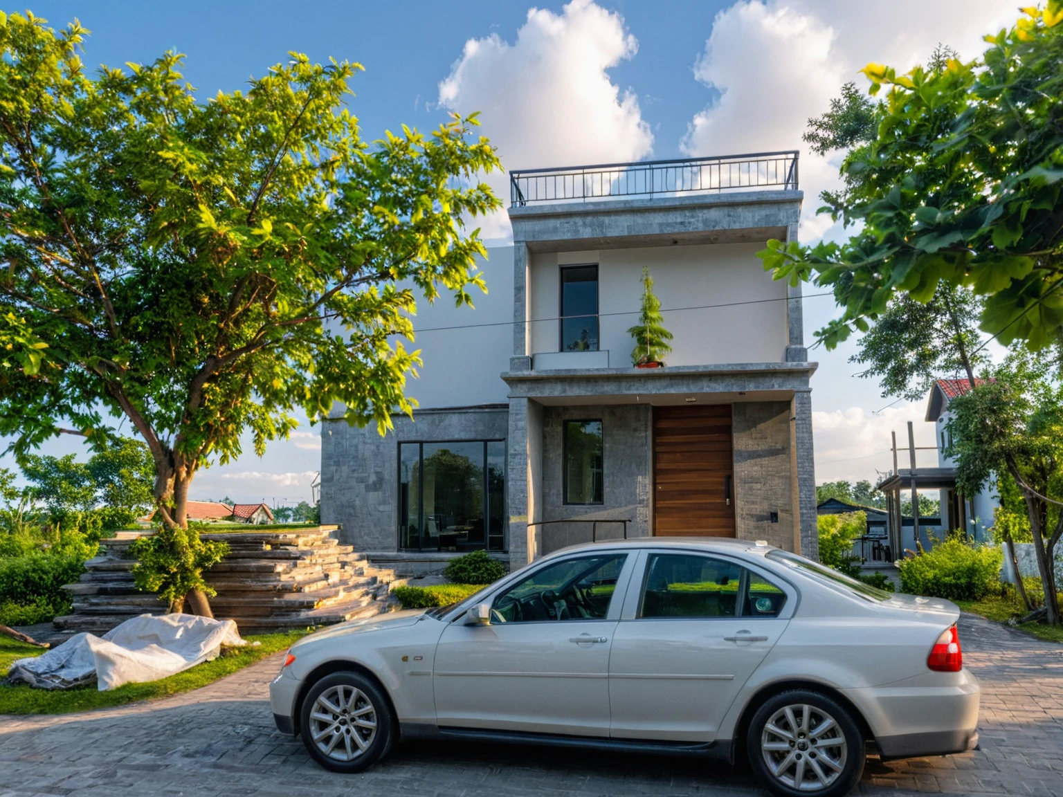 Masterpiece, high quality, best quality, authentic, super detail, outdoors, onestoreyvillaXL, aiaigroup, house style modern on the street ,stairs, white wall ,road,pavement, grass, trees, sky, cloud, (daylight:1.1)