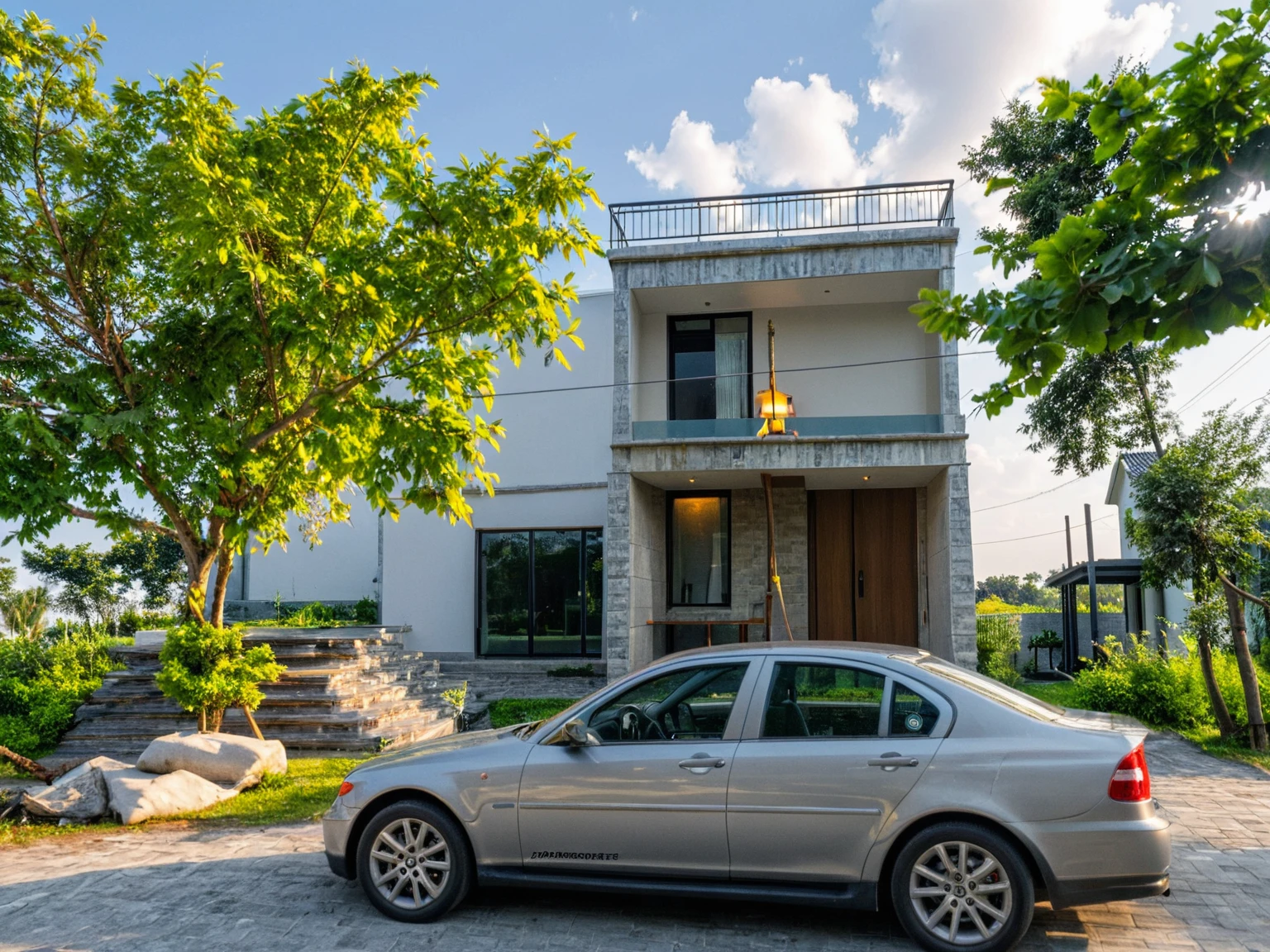 Masterpiece, high quality, best quality, authentic, super detail, outdoors, onestoreyvillaXL, aiaigroup, house style modern on the street ,stairs, white wall ,road,pavement, grass, trees, sky, cloud, (daylight:1.1)