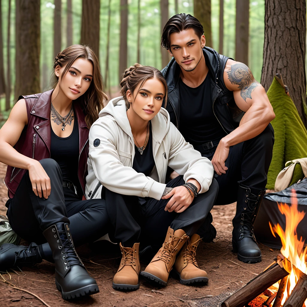 Three friends. The sole male is handsome, with short brown hair, chiseled jaw line, and silver eyes. He have Tall, Muscular build, with a tattoo of a wolf on his right bicep. He is clad in burgundy leather jacket over black sleeveless undershirt, black fingerless gloves, black cargo pants, and black leather boots. He is in the middle of the group. The first woman have long, flowing black hair, light brown skin tone, and hazel brown eyes, clad in a bohemian-style clothing and silver jewellery. The second woman is tall and slender, with long brown hair that she often wears in a braid, piercing blue eyes, has a small scar above her left eyebrow. She wear white hoodie over black undershirt, black cargo pants, and dark brown leather boots. They are camping in the wood, with a smile on their face.