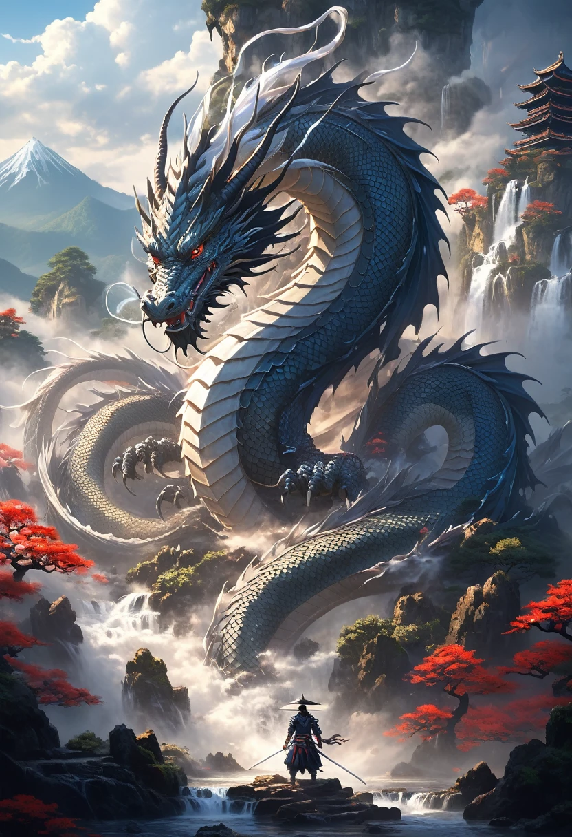 (Pixel art:1.3), (alone:1.3), In a fascinating fantasy scene ((Anthropomorphic oriental dragon dark wizard)) Yamata no Orochi,If the neck is８t,Ominous and seductive, Wearing samurai armor, Majestic Mountain々A mysterious landscape with, waterfall, ancient ruins, surround the turkey ((An ominous magical force swirls from the staff.)), (Highest quality, masterpiece, Representative works, Official Art, Professional, unity 8k wallpaper:1.3)