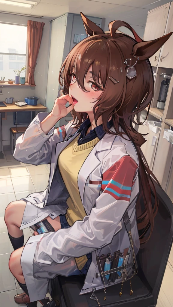 最high quality、Best image quality、masterpiece、girl((20-year-old、 By becoming、Best Bust、Medium Bust,Wide open breast tea、red glowing eyes, Black and red hair、Disheveled Hair、Long Hair、thin,The highest valley、White overshirt、Open chest、White wristband、smile、Leaning forward、hair ornaments、Side angle、Lointail、Brown skin)),high quality、Beautiful art、background((Modern Office、Coffee cup、line of light、Whiteboard、graffiti))、Flight、Flying debris、Written boundary depth、movie、Visual Arts、Perfect art、8K,Genuine、