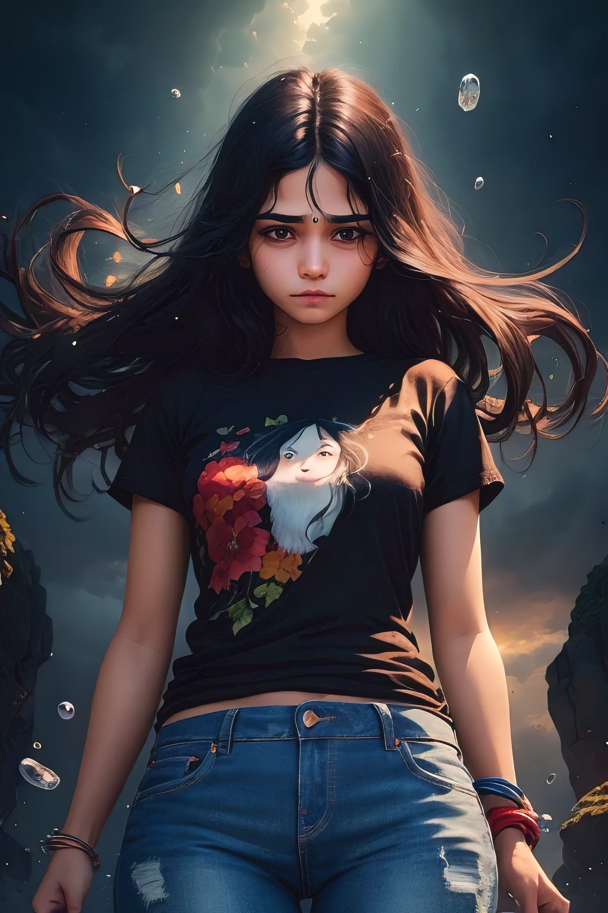 ((best quality)), ((masterpiece)), (detailed), A digital illustration of a long black haired Indian girl in black t-shirt and jeans floating in a dark void with a sad expression on her face