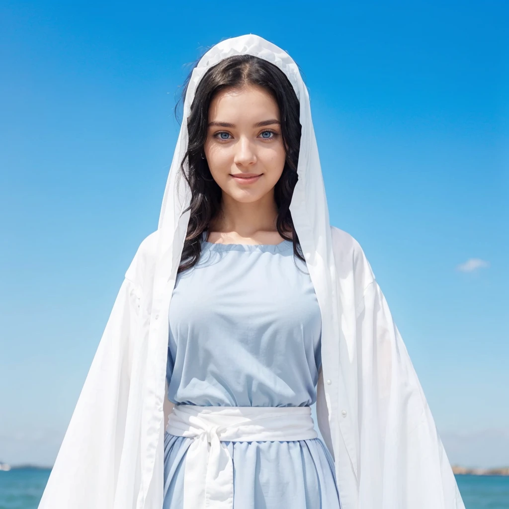 young woman, 25 years old, blue eyes, Curly black hair , serene and happy face, gray dress with wide, long sleeves adjusted at the waist by an intertwined white sash.