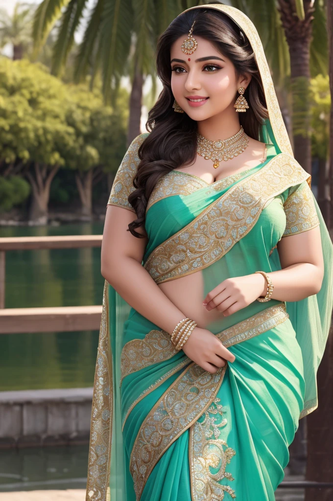 1 Heavenly beautiful and goddess beauty cute and sweet looking face Arabian woman in Scenic Riverside Promenade, Heavenly beautiful Overweight, Heavenly beautiful Extremely fat, Heavenly beautiful and attractive Chubby figure , Heavenly beautiful looking and eye catching luxury style Indian traditional saree and bra, reaching out, Heavenly beautiful Arabian woman, 16k, High resolution, masterpiece, highest quality, fine skin, outside view, Realistic Photograph, close up figure view, Heavenly beautiful smile face