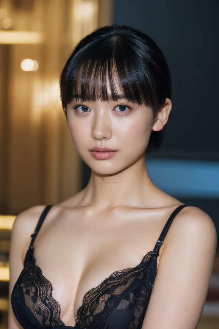 (((大people々Women１people々))),(((Beautiful short bob cut))),((Has bangs)),((リアルなpeople々Object Image)),(reality),((Highest quality)),(Pieces fly),(Highest quality),((Best image quality)),((Highest Resolution)),((Fine details)),((Beautifully detailed face)),(((Beautiful dark eyes))),((Looking into the camera)),((Beautiful and realistic skin texture)),((blush)),((Normal chest)),(((Lingerie))),Cleavage,(((Wear lingerie:Accurate depiction))),(((Perfect upper body))),(((Accurate upper body))),(((Bedroom at night:Detailed Background))),(((Focus on face and chest)),