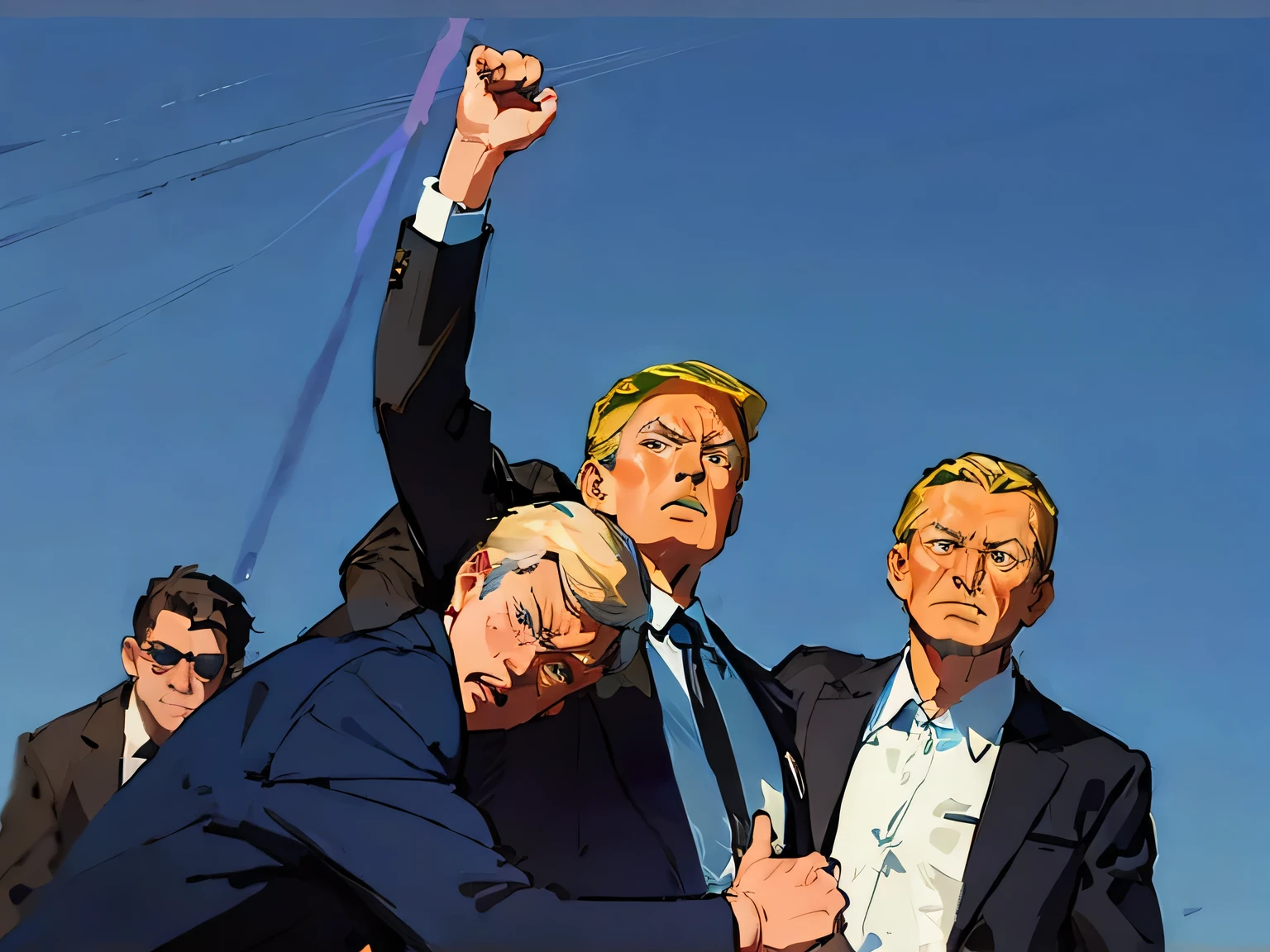 a dynamic illustration of 3 well-dressed men, one with glasses, in a heroic pose, donald trump in anime style, protecting the president, european style, trump raising his fist in victory, with two bodyguards flanking him, highly detailed, 8k, photorealistic, cinematic lighting, vibrant colors