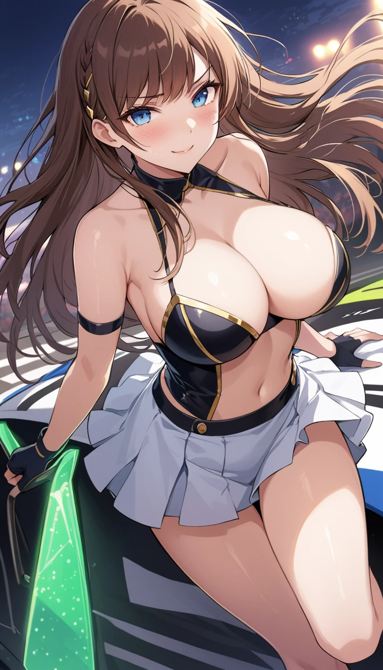 Ultra-high resolution, 1 Girl, 18-year-old, (Idol:1.4), (Famous actress :1.4), (Beautifully detailed face:1), bangs, (Multicolored floating hair), Dentate-like changes in the skin, light makeup, (Beautiful big boobs:1.3), (Glowing Skin:1.1), Shiny skin, Long limbs, slim, Hanging chest:1.3, Tight waist, Medium Hips, Thin legs, slim太もも, Dynamic Lighting, Sexually suggestive face, Shiny texture, lipstick, V-shaped eyebrows, V-line chin, View your viewers, (Long Hair:1.3), (Perfect Face:1.4), ((Strong winds)), Flowing Hair, audience, (A shy smile:1.3), blue sky, (((Monte Carlo Street Circuit))), (((Racing Car))), (((Racing Bike))), ((Promotional Girl:1.3)), ((Grid Girls:1)), Pink Lip, light makeup, (The promotional costumes, which are carefully crafted down to the last detail,:1.10), Lace-up boots, Short sleeve, Cropped tops, ((Short jacket:1)), (Tube top bra:1), Knee-length, (((たくさんのロゴが入ったナイロンShort sleeveジャケット))), (Logo glitter long nylon pleated skirt), Small Ass, ((Promotional wear with logo:1.3)), (((Shiny silver and metallic gold glitter promotional wear))), Fingerless gloves, Black Hair, Brown Hair, Redhead, blue eyes, (Drops of sweat:1), (Movement angle), walking, audience,