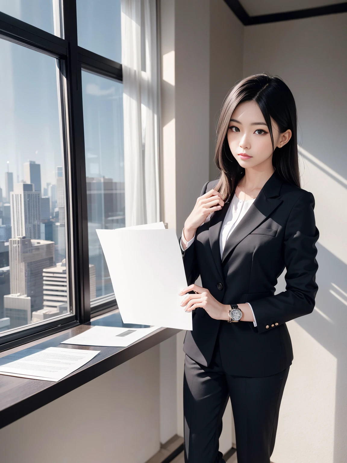 Professional Japanese woman, late twenties, elegant, tall and slim, black shoulder-length straight hair, minimalist makeup, dark gray tailored pantsuit, white silk blouse, black stilettos, pearl studs, delicate watch, modern office, city skyline view, confident stance, holding documents, focused gaze, monochromatic theme, sophisticated,with a completely different expression