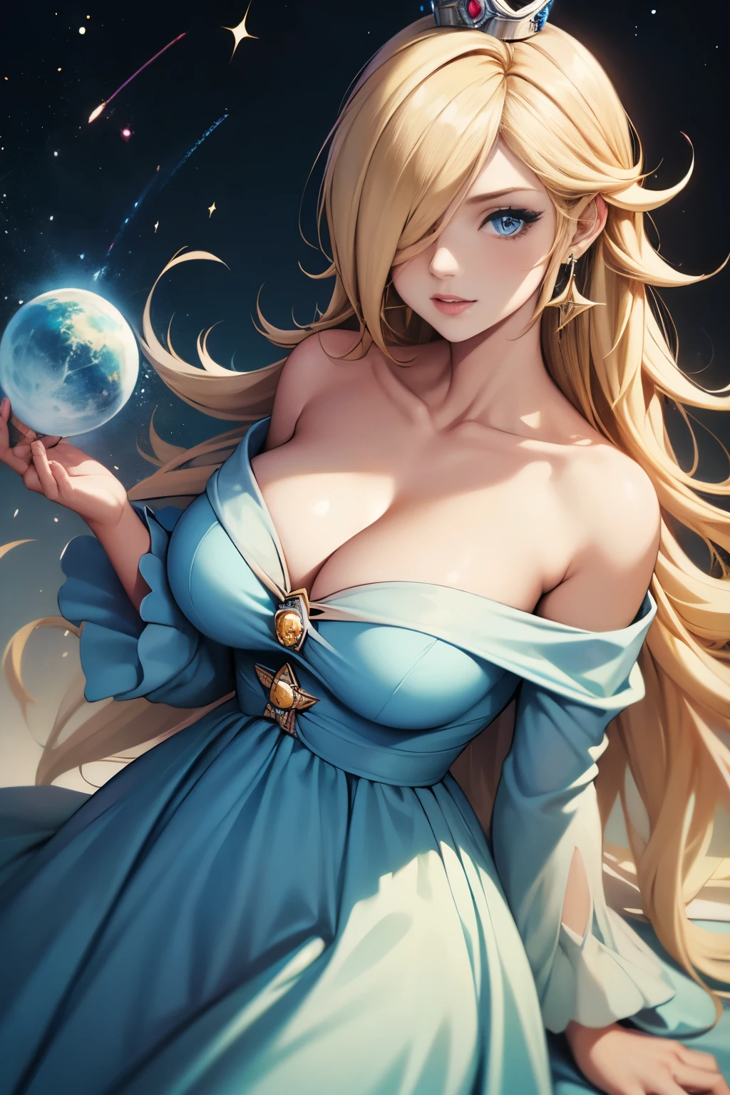 (masterpiece), best quality, expressive eyes, perfect face, highres, 1 girl, solo, rosalina, blonde hair, blue eyes, hair over one eye, long hair, blue dress, crown, dress, earrings, jewelry, princess, bare shoulders, star earrings, outer space, glowing particles, good illumination, cowboy shot, looking at the viewer, cowboy shot, cleavage, large breasts, collarbone