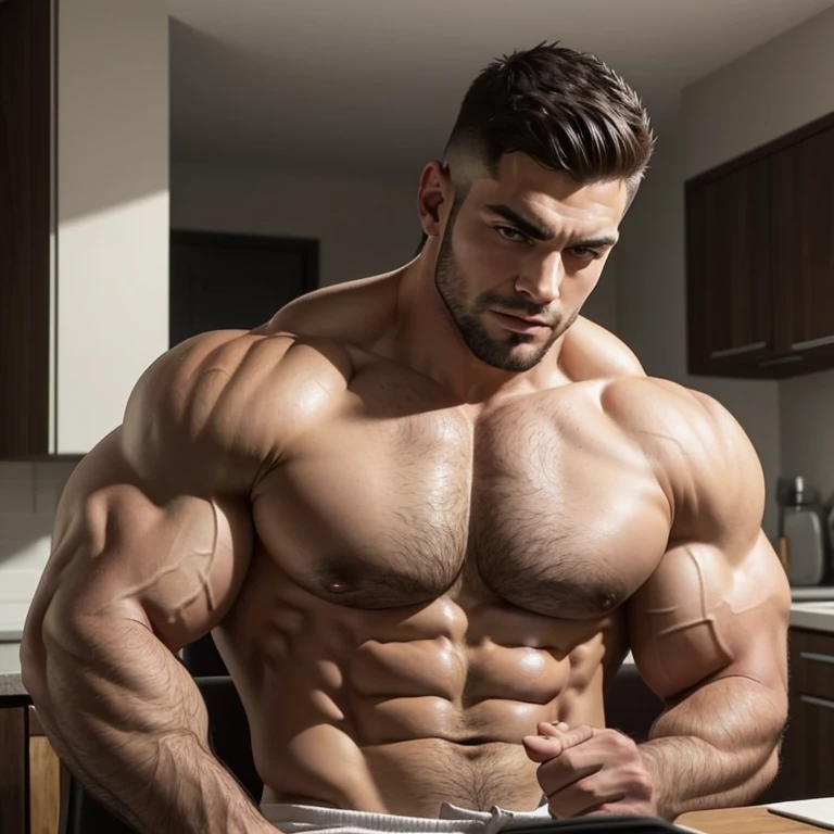 a very handsome, robust man with Mid fade haircut, massively muscular, with massively large muscles, with massively large and muscular arms, shoulders and biceps, with massively large body, shirtless, sitting on a chair in a kitchen, seen up close