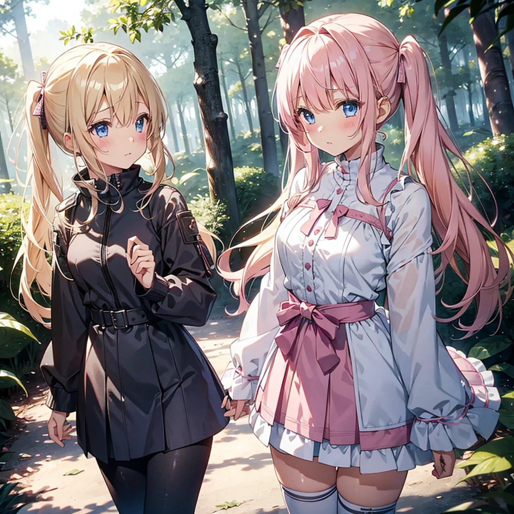A girl in pink armor、White panties、Blushing、Walking in the forest、Blonde、Twin tails、Blue Eyes、