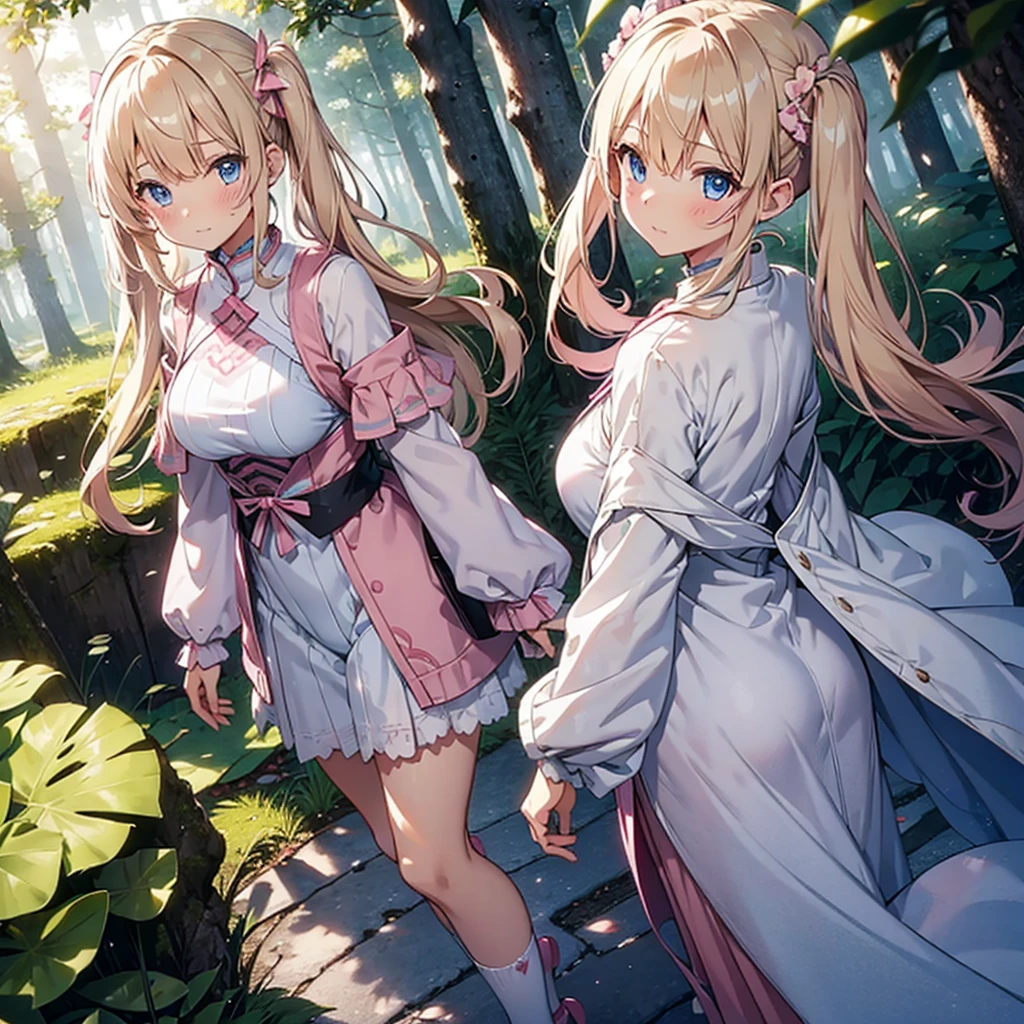 A girl in pink armor、White panties、Blushing、Walking in the forest、Blonde、Twin tails、Blue Eyes、