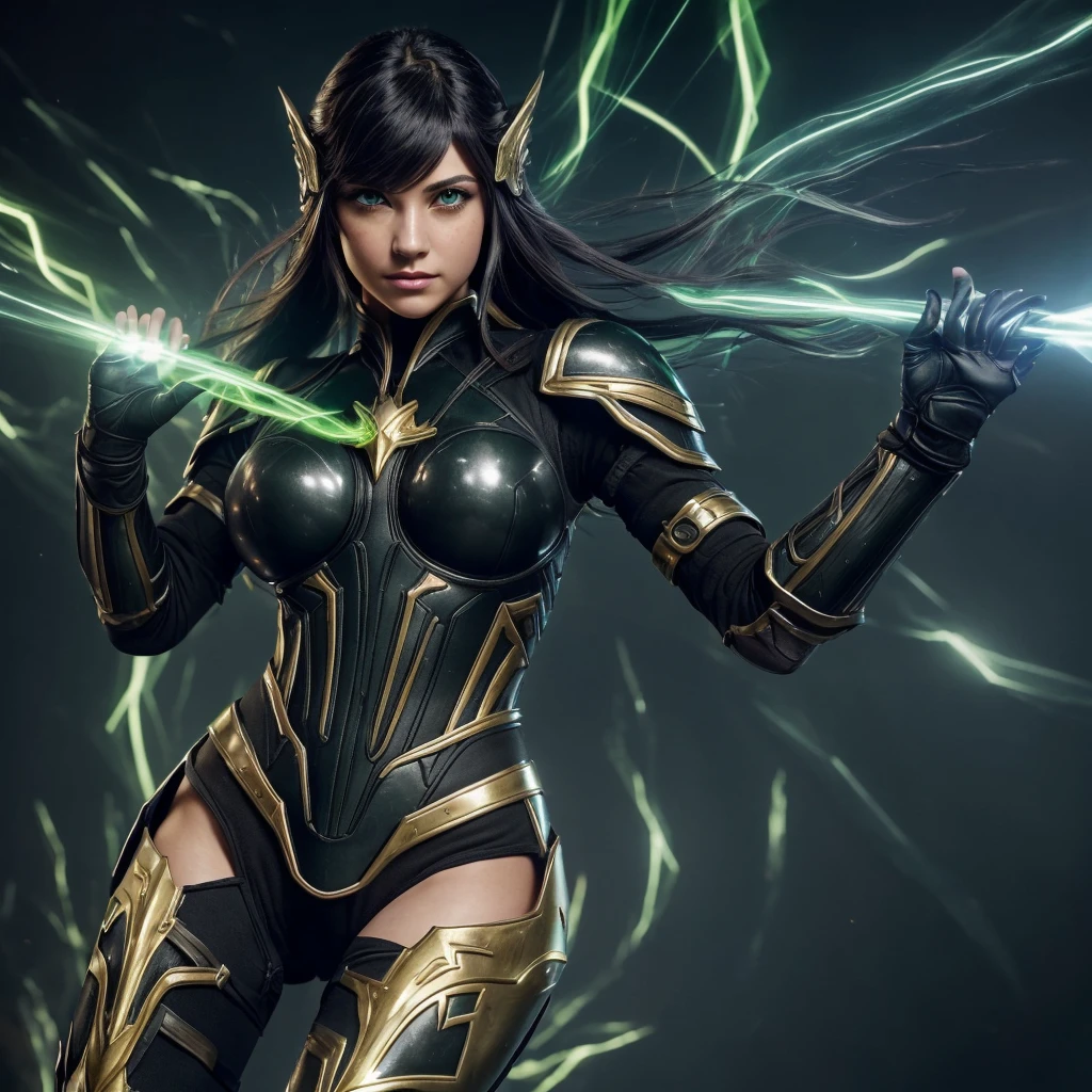Elfenritter, (floating_long_balck hair:1.3), (detailled eyes:1.5), beauty face, Cool atmosphere, vogue_voguell_Pose, glowing glyphs, Graphit, Gold, unique, Consideration, detailed texture, detailed pattern, (glowing aura:1.2), Fantasies, fantastic, sharp, Rainbow Crystals, Sturmaura, floating:1.4, ((lila Aura, Green aura)), shine:1.3, (((looking viewer))), perfect Anatomy, (tall Body, beauty Body), (chuppy Body:1.4), (large_breasts:1.3), badass_Girl, ((revealing clothing)), nijistyle, Green_glowing, full_Body, golden+purple clothes, stilfull, (masterpiece:1.2), (best quality), 4K, Ultra-detail, (Dynamic Composition: 1.4), Layout graphics, (Bright lighting, stimmungsfulle Beleuchtung), Final-Fantasy-Stil, magical, ((glove full hands)), Fran, Believe, helmet, revealing clothing, vambraces, Armored legwear, High Heels, (((perfect_Anatomy:1.4))