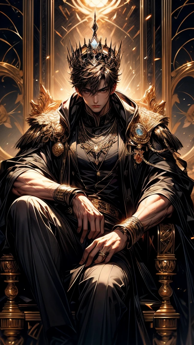 Masterpiece, best quality, high resolution, highly detailed, male, 1 man ( early twenties ), Good looking face, short brown hair, brown colored eyes ( eyes that glow ), serious expression ( cold look ), pale white skin, wearing a black hoodie, and brown pants, black watch, surrounded by the splendors of the earth, wearing a ring like crown made of orange diamonds around his head and sitting on a brown throne, muscular physique, pay attention to stunning details, and achieve a resolution of 128k, floating in a dynamic pose, high quality, with a majestic aura of authority.