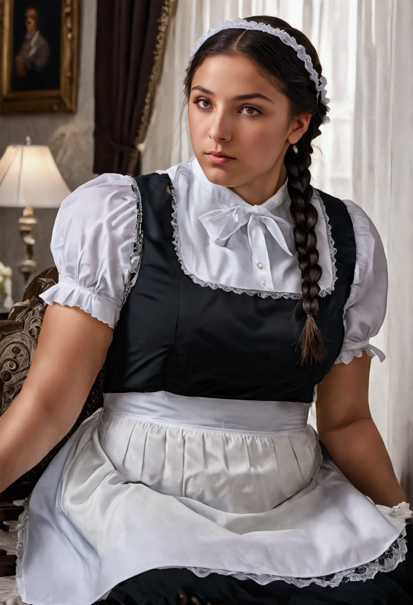 Anime. 1 girl. Slave. Housemaid. Disabled person. Ssbbw. Amputee. Legless. Black hair. Long hair. Hair gathered in braids. Green eyes. Beautiful eyes. Perfect eyes. Expressive eyes. Beautiful nose. Snotty nose. Snot flows from the nose. Very thick body. Very thick hands. The legs were amputated at the knees. Very thick legs. Big fat belly. Big fat butt. Big breasts. Beautiful breasts. Maid uniform. Diaper. Dirty diaper. Diaper mess. Sitting. Full height. Wheelchair. Living room of a luxury mansion. Cold. Runny nose. Nasal mucus. Snot. Wants to sneeze. I have to sneeze. Sneezes. Handkerchief. She covers her nose with her plump hands. Blows his nose. Full body. Extremely detailed CG Unity 8k wallpaper. Ideal lighting. Ultra high resolution 4K. Super detailed 8K resolution.