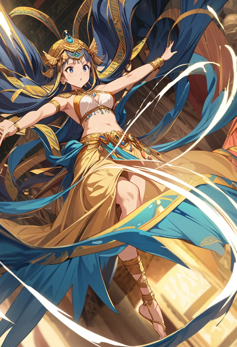 Anime illustration of a Belly dancer in traditional attire, in a fluid belly dance pose with high speed spinning, high speed step with extended arms and legs, arobatic moves, acrobatic angle, with legs spread wide, arms outstretched, and fabrics flowing dynamically. Emphasize speed and energy with motion lines and trailing fabrics. while she dances inside ancient Egyptian-style gorgeous festival. colorful illustrations, highly detailed, high resolution, in the style of digital painting, natural lighting, sharp focus, --niji 6 --ar 5:7