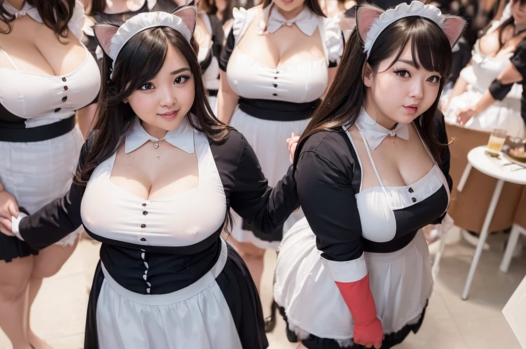 (8k, ultra-high resolution, highest quality, masterpiece:1.2), ultra-realistic, (realistic, photorealistic:1.37), (realistic skin:1.2), ultra-detailed, Canon EOS RP, 8k, Korean mature woman, smiling,(fat:1.4),(super obese:1.5), (super curvy:1.4), ((super voluptuous,)) ((full body shot:1.5)),(standing:1.5), thick ankles, (((maid cafe))), (((crowd of maids:1.5))), (((cat ears, cat tail))),(checked maid uniform:1.4)