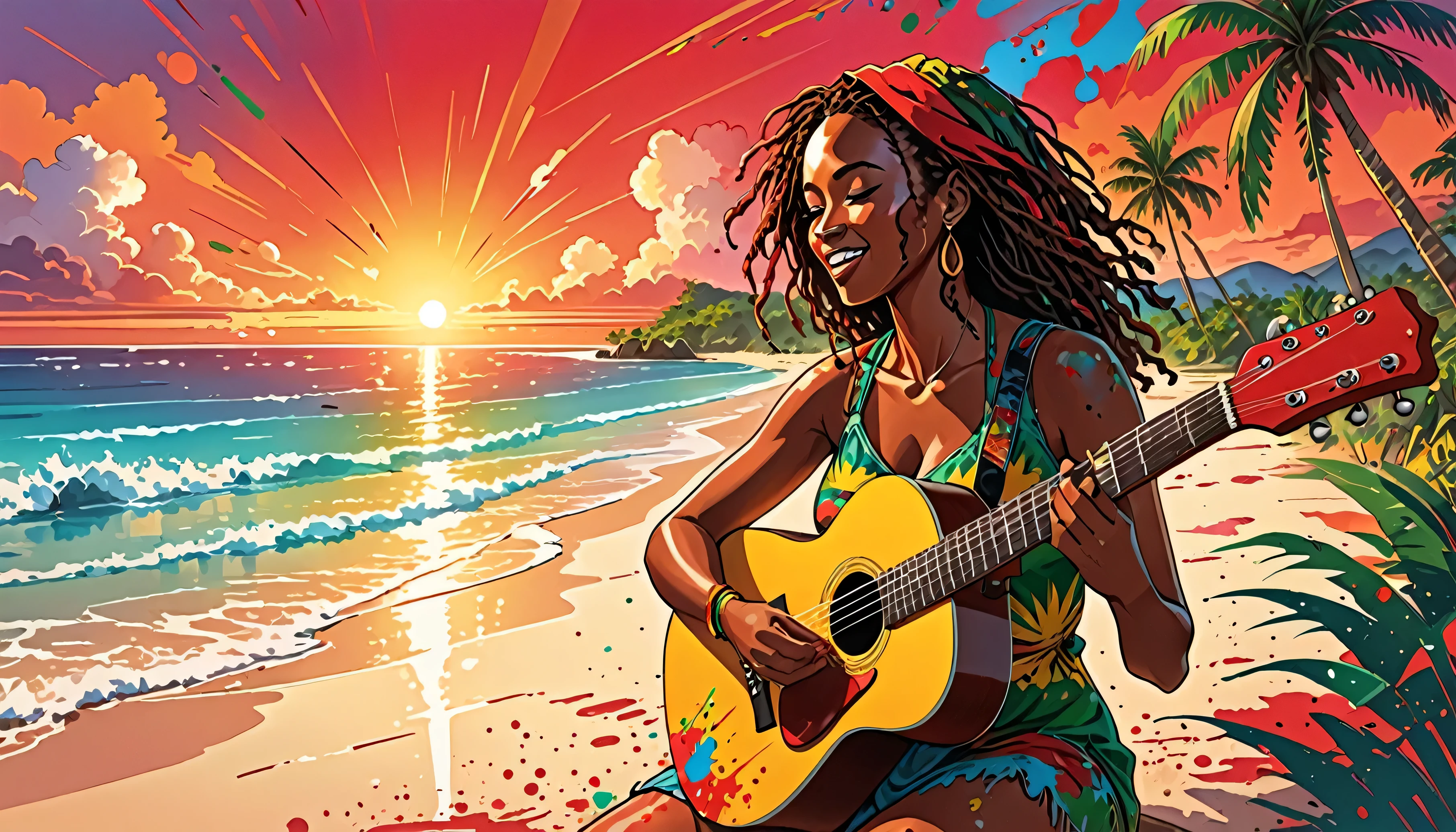 Vector art, Lots of Jamaican Reggae, Authentic Jamaican reggae music atmosphere，Color illustrations, in the center, Vibrant colors, Paint splatters and stains, High detail, 
bright red sunset,beach,Palm tree、A woman playing the guitar a short distance away