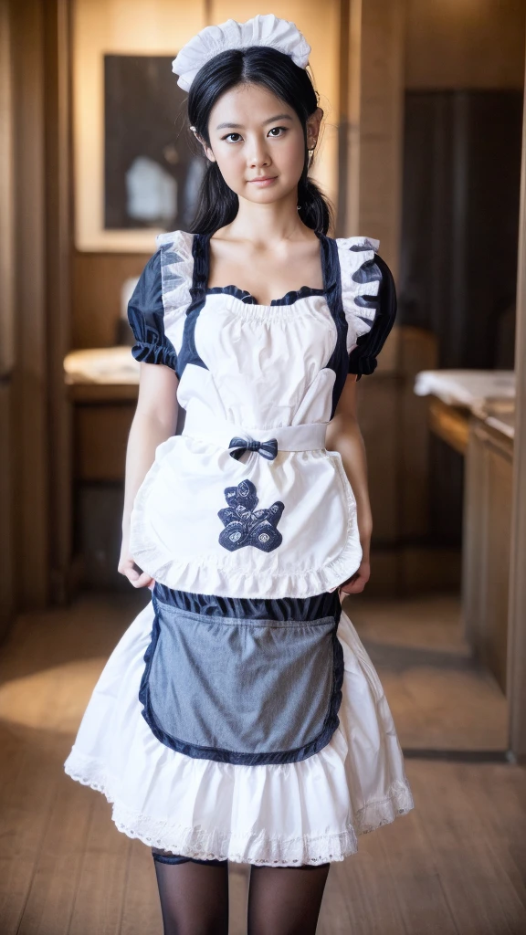 ((best quality: 1.4)), (An unrivaled masterpiece), (Ultra HD), (Ultra-realistic 8k CG), (half body image ), (Awesome details), (maid ), (งานศิลปะของ Jean-Baptiste Monge), highly detailed maid clothes, half_apron , Stunning beauty, I have very detailed hair., Very detailed hairstyle, movies, be happy , in the old bungalow, Candlelight, Use backlighting to add depth to your images., Anisotropic filtration, depth of field, Maximum clarity and clarity, , 8 very small, Bold:0.8 , perfect anatomical structure, Symmetry and equilibrium, beautiful color gradient, clear focus, golden ratio, Center image, beautiful elements