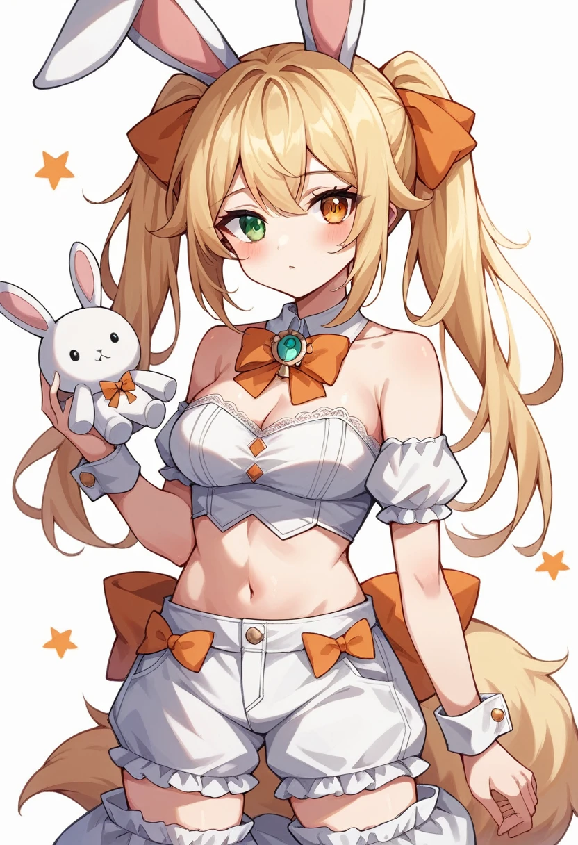 "cute ,1girl, animal ears, bangs, bare shoulders, blonde hair, blush, bow, breasts, white cleavage, cropped torso, , green eyes, hair ribbon, heterochromia, stlooking at viewer, , orange bow, orange eyes, orange ribbon, ears like an unearthly animal, fluffy tail, light tail, real tail, ribbon, solo, stuffed animal, stuffed bunny, stuffed toy, twintails, upper body, full-length, white legbands, white shoes with lace and white bows, white background, wrist cuffs, yellow eyes, bloomers, close-up, fair skin frills, lace, midriff, skirt, solo, , white background,shorts, white top with ribbon and lace and trousers,trousers, genshin,white slippers with a bow,All clothes are white, laceAt full height, it stands, в полный рост"