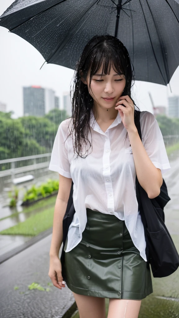 Natural image quality,(((looking at the camera))),1People Girls,Japanese,20-year-old,Beauty,Are crying,((Crying)) ,tears,Short-sleeved summer clothes,skirt,(Disheveled Hair), ((Wet Hair)), ((Wet body)), ((Wet clothes)), ((Wet Face)), (The whole body is wet from rain), (Rainy city office district)