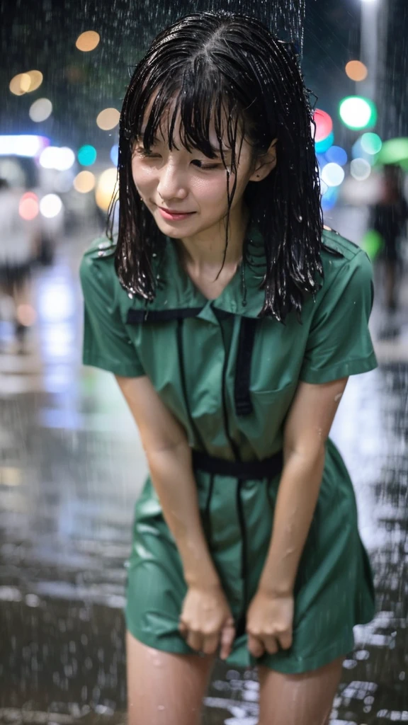 Natural image quality,(((looking at the camera))),1People Girls,Japanese,20-year-old,Beauty,Are crying,((Crying)) ,tears,Short-sleeved summer clothes,skirt,(Disheveled Hair), ((Wet Hair)), ((Wet body)), ((Wet clothes)), ((Wet Face)), (The whole body is wet from rain), (Rainy city office district)