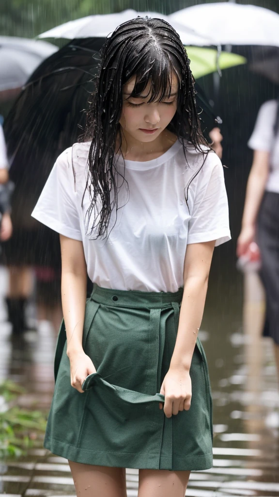 Natural image quality,(((looking at the camera))),1People Girls,Japanese,20-year-old,Beauty,Are crying,((Crying)) ,tears,Short-sleeved summer clothes,skirt,(Disheveled Hair), ((Wet Hair)), ((Wet body)), ((Wet clothes)), ((Wet Face)), (The whole body is wet from rain), (Rainy city office district)