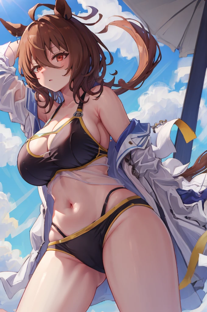 8K, high resolution, NSFW, from below, (gigantic breasts), huge pelves, inner flesh, agnes tachyon \(umamusume\), black swimwear, looking at viewer, 
, strong eyes, arms behind head, armpit, 