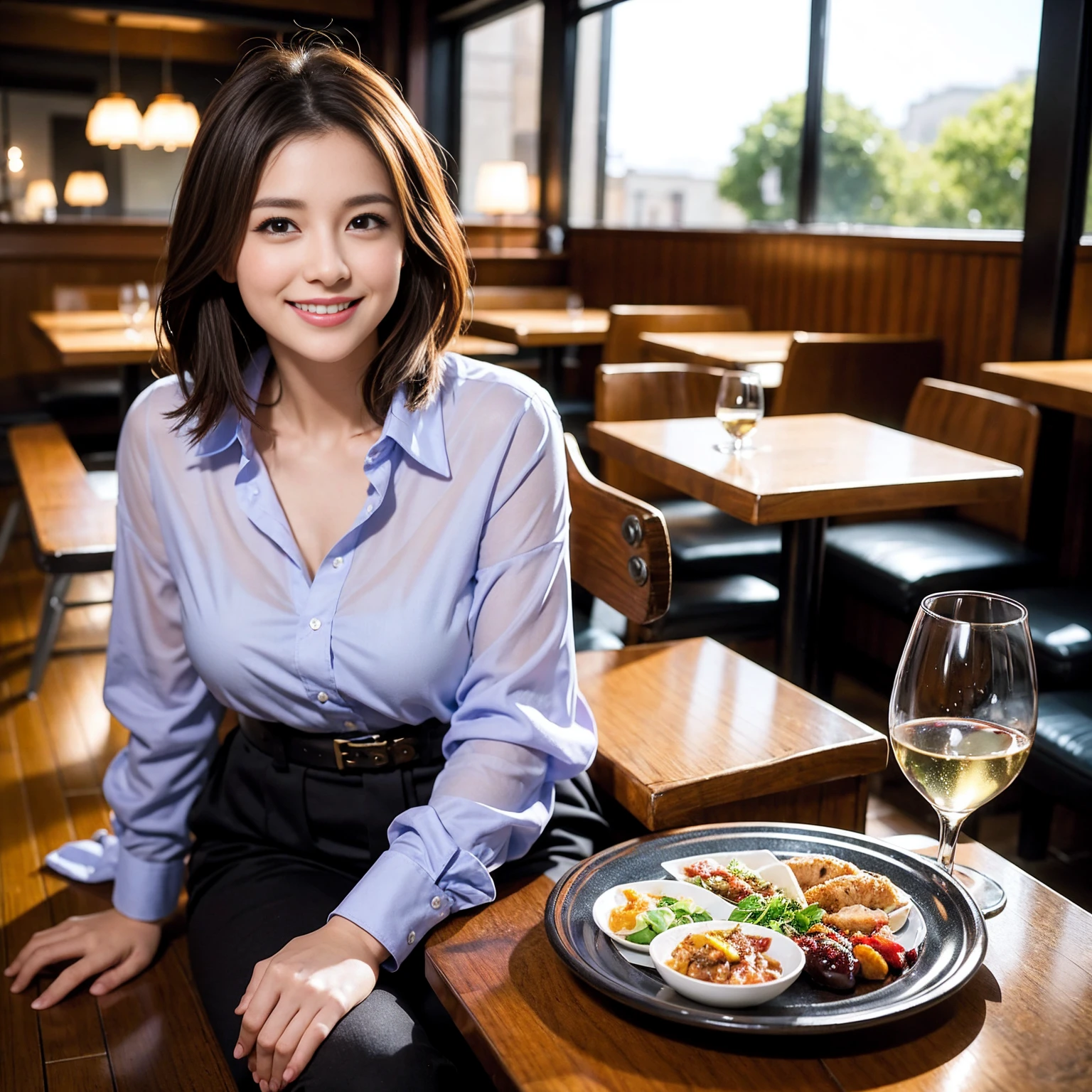 ((Highest quality、8K、masterpiece:1.3))、Shortcuts、cute、slimカップル、modelカップル、actress男優、(Realistic, Intricate details:1.2), full-course dinner、Wine Party、Amazing view of the sunset sky and clouds、A bright smile、short hair,Bright Face、 (Age 45), 42 years old, red wine 、Appetizers、Italian food、Wine bottle、Champagne、sparkling wine、Two beauties、Brown Hair、Shortcuts、Long sleeve shirt、dress、Beautiful woman 1, (slimな顔), (The body is slim), (Brown Hair), (Shortcuts), cheeks turn a little red,Attractive beauty、restaurant, In a prominent place (From the waist up) Nova Frog Style, actress, model, Upper Body, White wine, slim, wine glass, 中央に置かれたwine glass, smile, (smile: 1.15), Beautiful fine grain, Depth f/2,saturation, High Contrast, Strong light and shadow,Moist Body:1.5、3D texture、Delicate eyes、Brown Hair、The hair is very shiny、