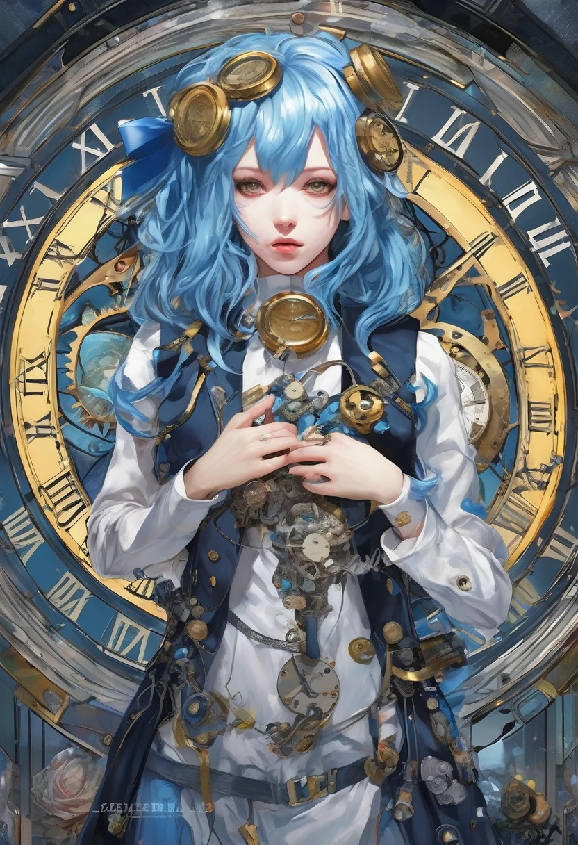 A girl with blue hair and a hair accessory、Gothic style body dress、When you gaze into the infinite time、Finite time disappears、Ultra Realistic、A pile of super-detailed clocks、cyber punk、mikudayo、Detailed portrait、Beautiful artスタイル、Beautiful art